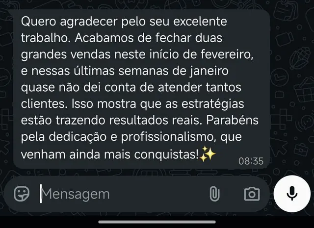 Agradecimento de cliente pelos resultados